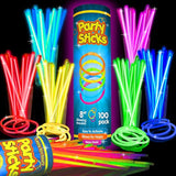 PartySticks Glow Sticks Party Supplies 100pk - 8 Inch Glow in the Dark Light Up Sticks Party Favors, Glow Decorations, Neon Party Glow Necklaces and Glow Bracelets with Connectors