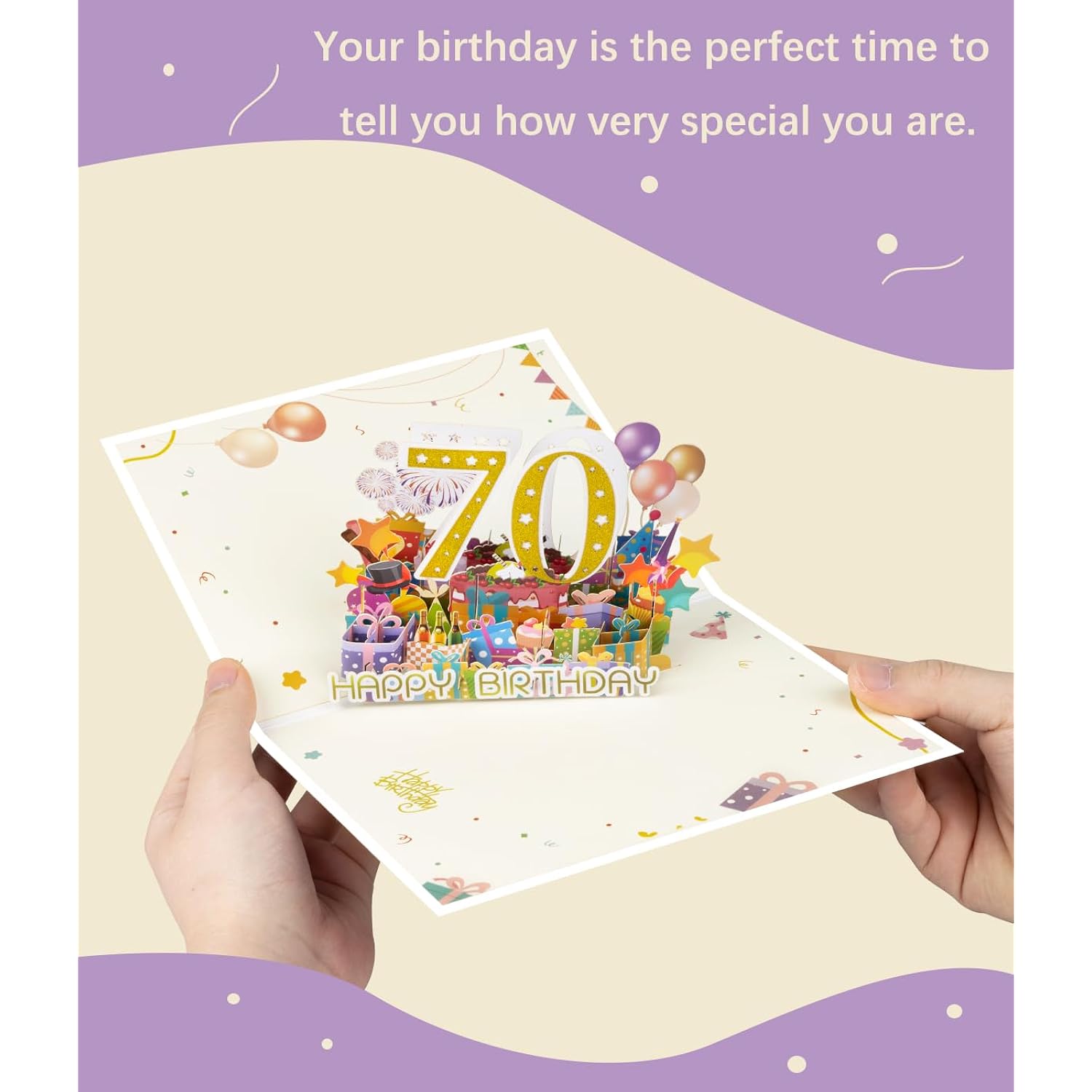 70Th Birthday Pop Up Card For Women And Men – 3D Sparkling Gold 70 With Balloons, Milestone Birthday Greeting Card With Envelope And Blank Note