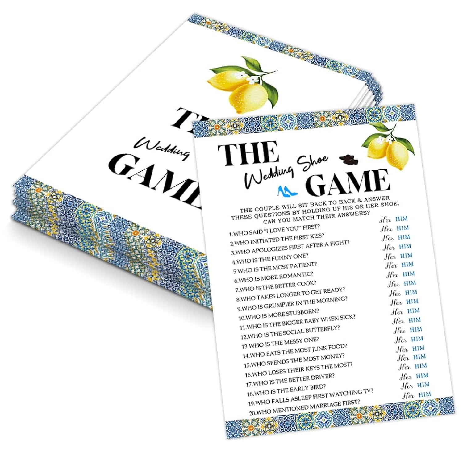 Blue Tiles And Lemons The Wedding Shoe Game For 30 Guests With Game Cards, Lemons Bridal Shower Game, Modern Bridal Shower Decorations, Wedding Shower Or Bachelorette Party Supplies - 02
