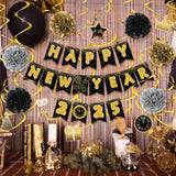2026 Happy New Year Gold Black Banner with Flowers Flags and Streamers