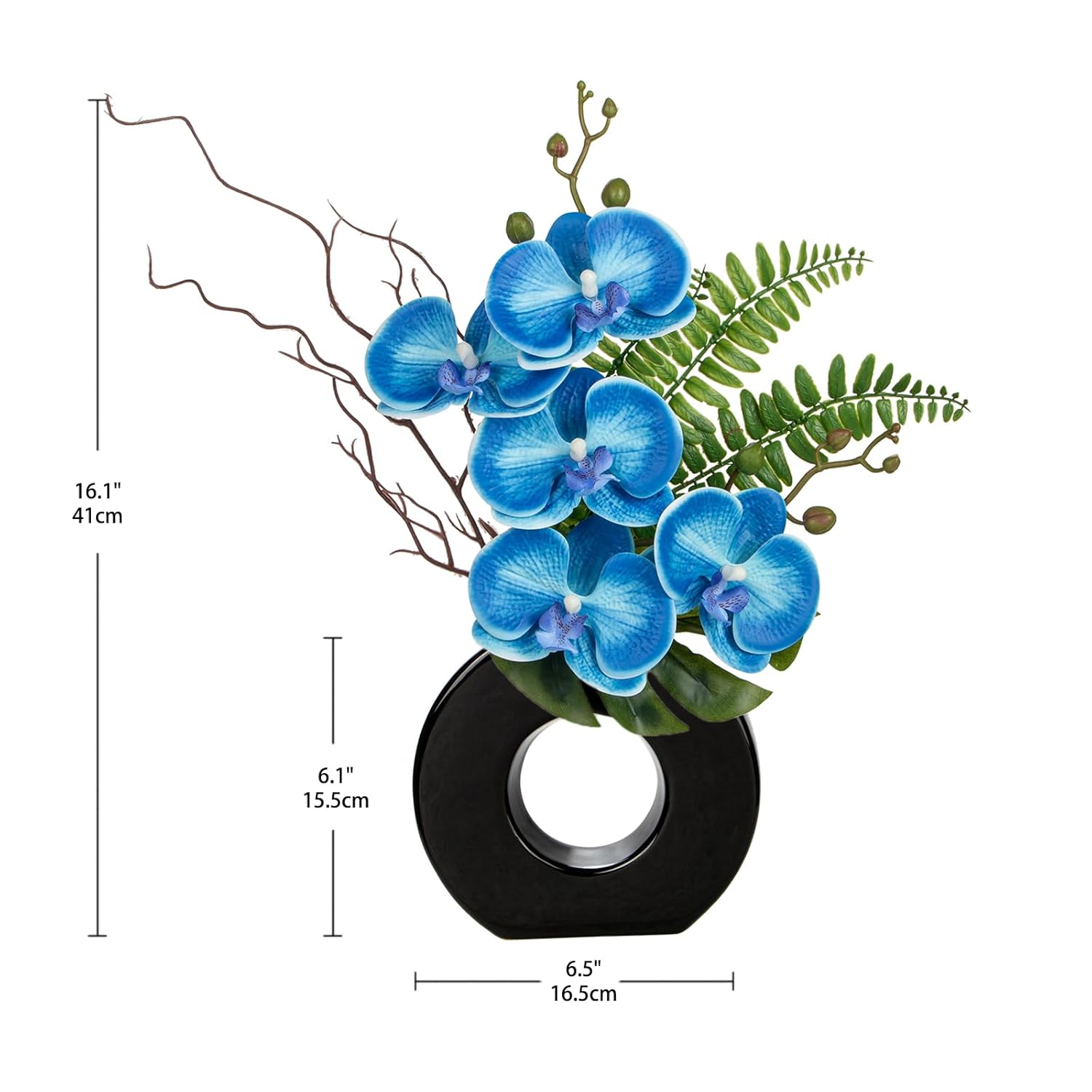 Blue Orchid Fake Flowers With Black Vase, 16.1'' Artificial Orchid Silk Flowers Faux Orchid Arrangement For Home Office Room Table Centerpiece Modern Decoration