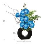 Blue Orchid Fake Flowers With Black Vase, 16.1'' Artificial Orchid Silk Flowers Faux Orchid Arrangement For Home Office Room Table Centerpiece Modern Decoration