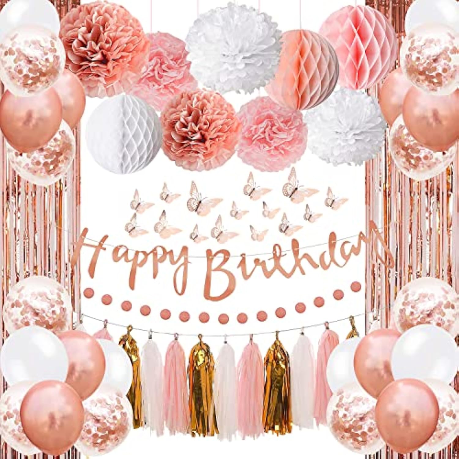 Upgraded Rose Gold Pink Party Decorations With Happy Birthday Banner, Curtains, Butterfly Wall, Circle Dots Garland, Tissue Pompoms, Paper Tassels Garland For Women'S Party Decorations