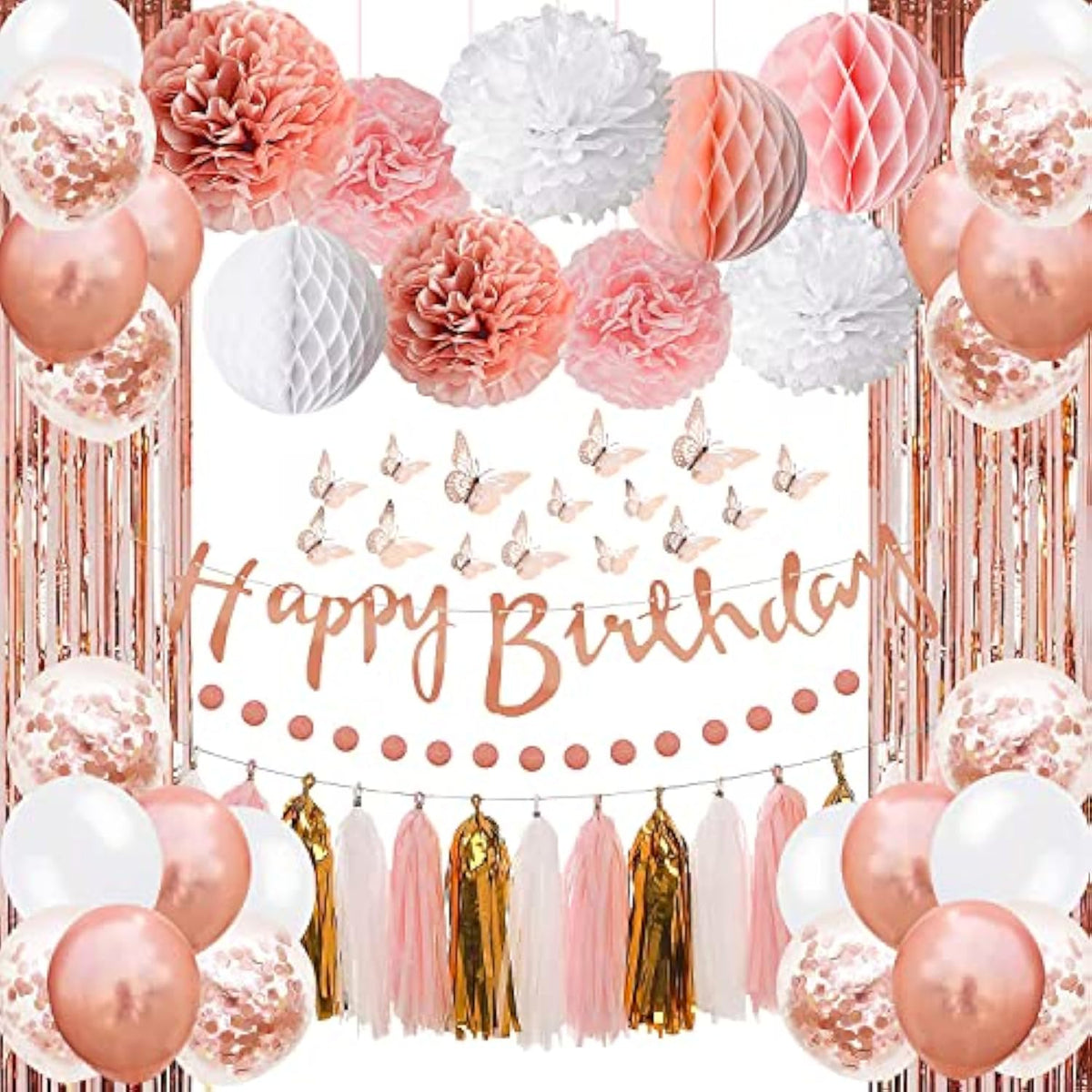 Upgraded Rose Gold Pink Party Decorations With Happy Birthday Banner, Curtains, Butterfly Wall, Circle Dots Garland, Tissue Pompoms, Paper Tassels Garland For Women'S Party Decorations