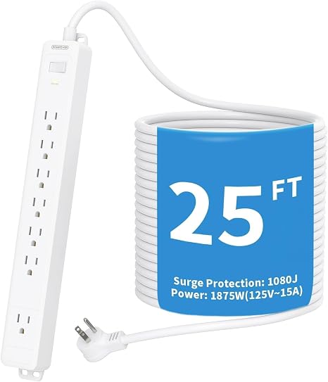 25 Ft Extension Cord Power Strip 7 Outlets 15A Heavy Duty Surge Protector