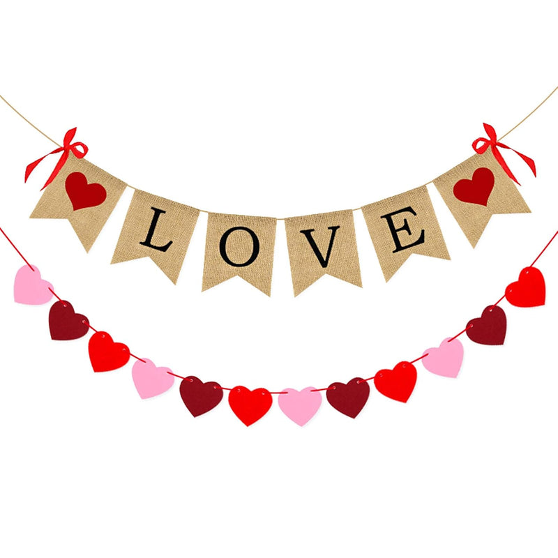 2 Pack Love Burlap Heart Felt Banner For Valentines Day Decorations-|