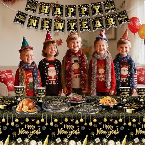 82 Pcs New Years Eve Party Supplies 2026 Set - Black Gold Happy New Year Decorations Kit, Including New Year Plates Napkins Cups Tablecloth and Banner for 2026 Happy New Years Party Decor Supply Favor