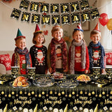 82 Pcs New Years Eve Party Supplies 2026 Set - Black Gold Happy New Year Decorations Kit, Including New Year Plates Napkins Cups Tablecloth and Banner for 2026 Happy New Years Party Decor Supply Favor