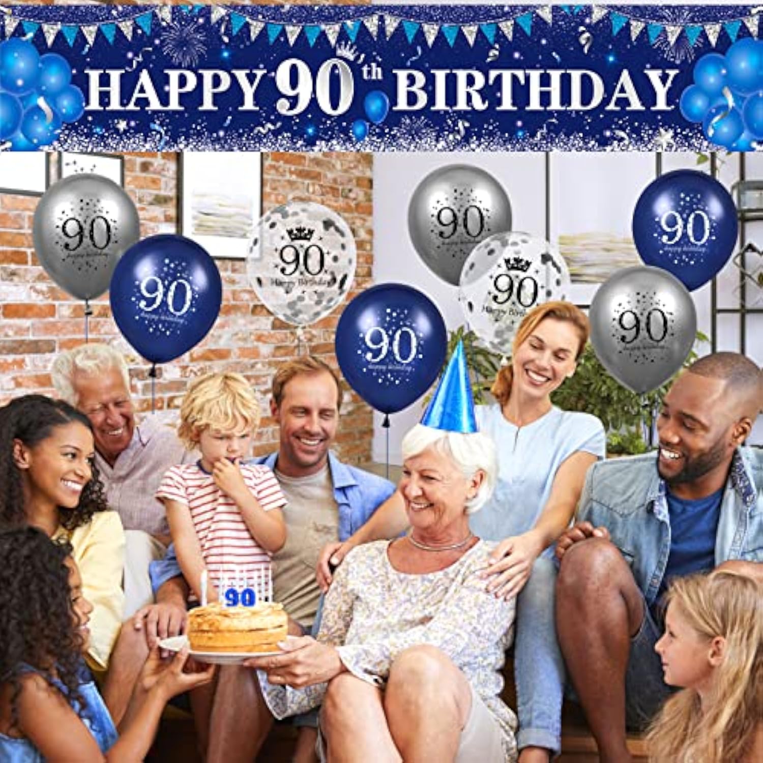Blue 90Th Birthday Decorations For Men Women, Navy Blue Silver Happy 90Th Birthday Yard Banner, Blue 90Th Birthday Balloons For 90Th Birthday Anniversary Party Decorations Supplies