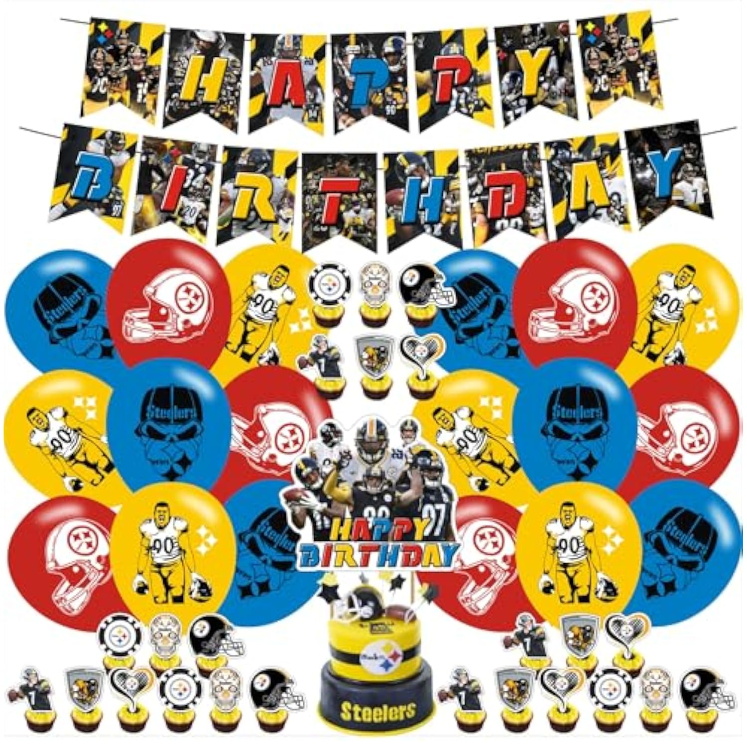 Steelers Of Pittsburgh Football Theme Party Supplies,Including Steelers Of Pittsburgh Soccer Birthday Bannner,Cake Copper ,Ballon,Party Cupcake Topper Suitable For Steelers Team Birthday Party Favor