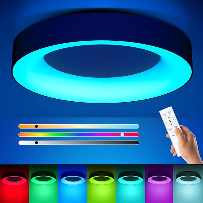11 Inch RGB LED Ceiling Light with Remote Black Flush Mount Fixture