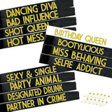 12 Pack Queen Sashes For Women - Birthday Squad Sash Set, Funny Gifts Sashes For Women'S Birthday Party Supplies (Black + White + Gold Glitter Letters)
