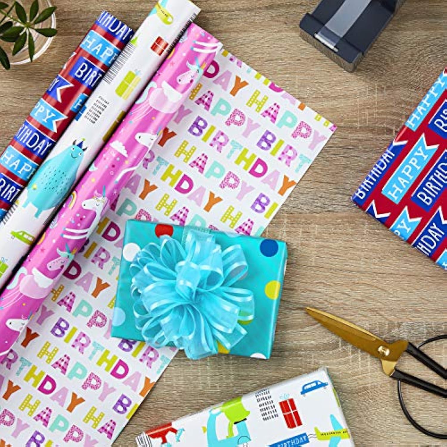 Hallmark Reversible Kids Birthday Wrapping Paper, Monsters and Unicorns (Pack of 3, 120 sq. ft. ttl.)