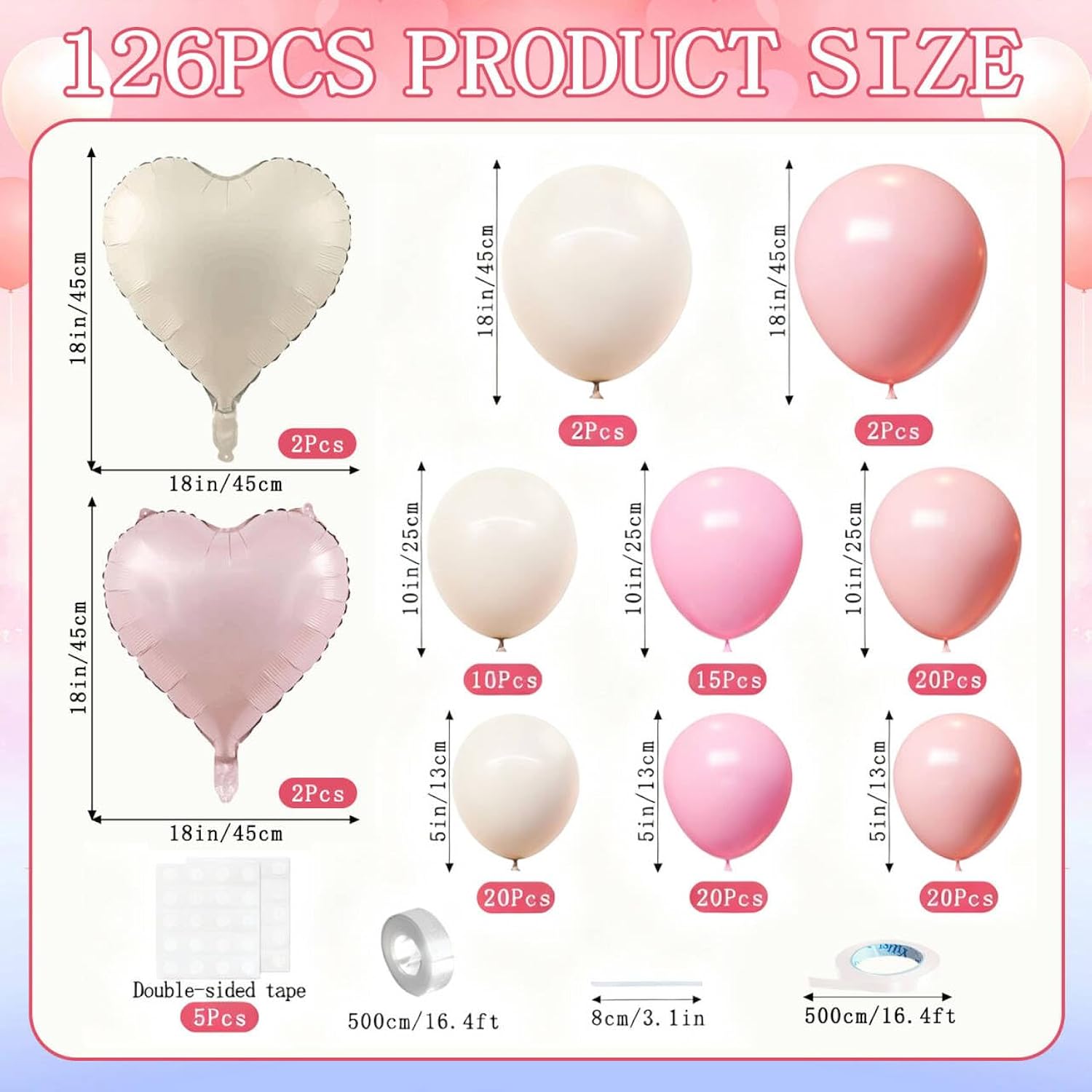126Pcs Pink White Balloon Arch Kit, Different Sizes 18 10 5 Inch Pink White Sand Latex Balloons And Heart Foil Balloons Pink Balloon Garland Arch Kit For Birthday Wedding Bridal Baby Shower Decoration