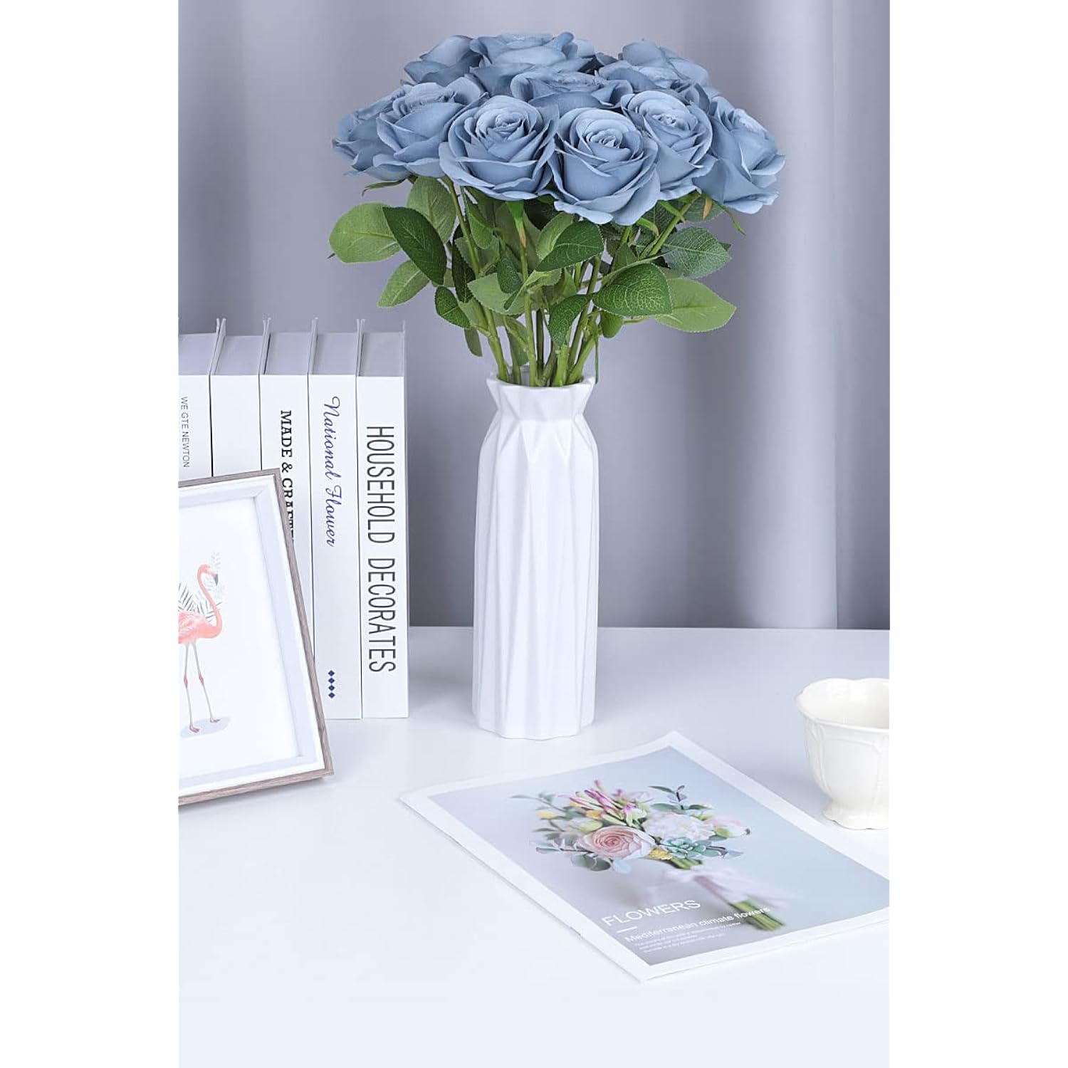 Artificial Rose Flower Artificial Flowers Flower With Long Stem Silk Roses Bouquet For Wedding Bridal Shower Party Home Decoration (Dusty Blue, 12 Pcs)