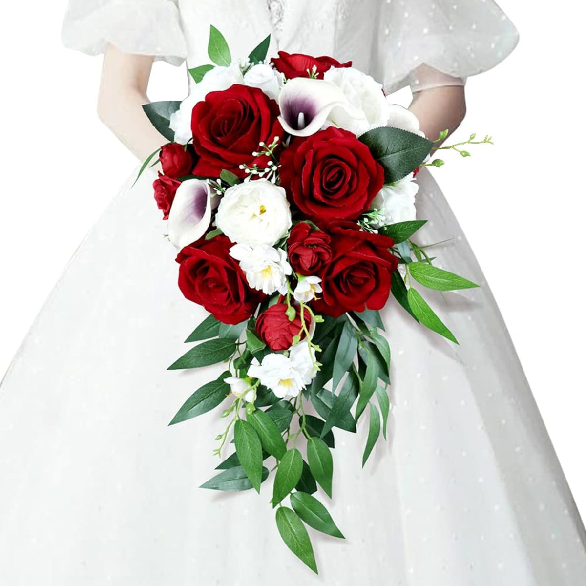 Wedding Bouquets For Bride, 10 Inch White Wine Red Calla Lily And Rose Artificial Toss Bouquet Wedding Outdoor Rustic Waterfall Cascading Bridal Bouquets For Wedding Ceremony And Anniversary