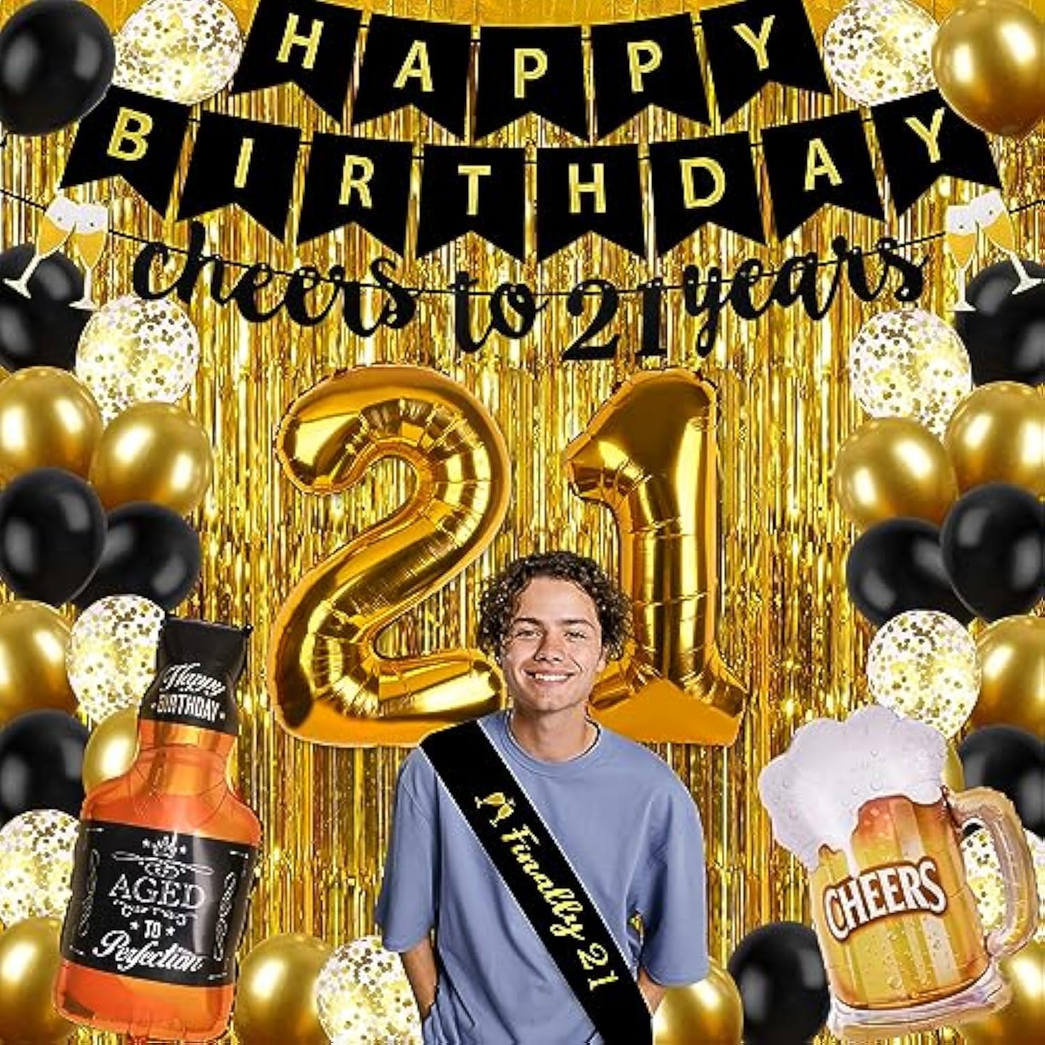 21St Birthday Decorations For Him, Happy Birthday Decorations Black And Gold 21 Birthday Decor With Happy Birthday Banner, Fringe Curtain, Confetti And Latex Balloons