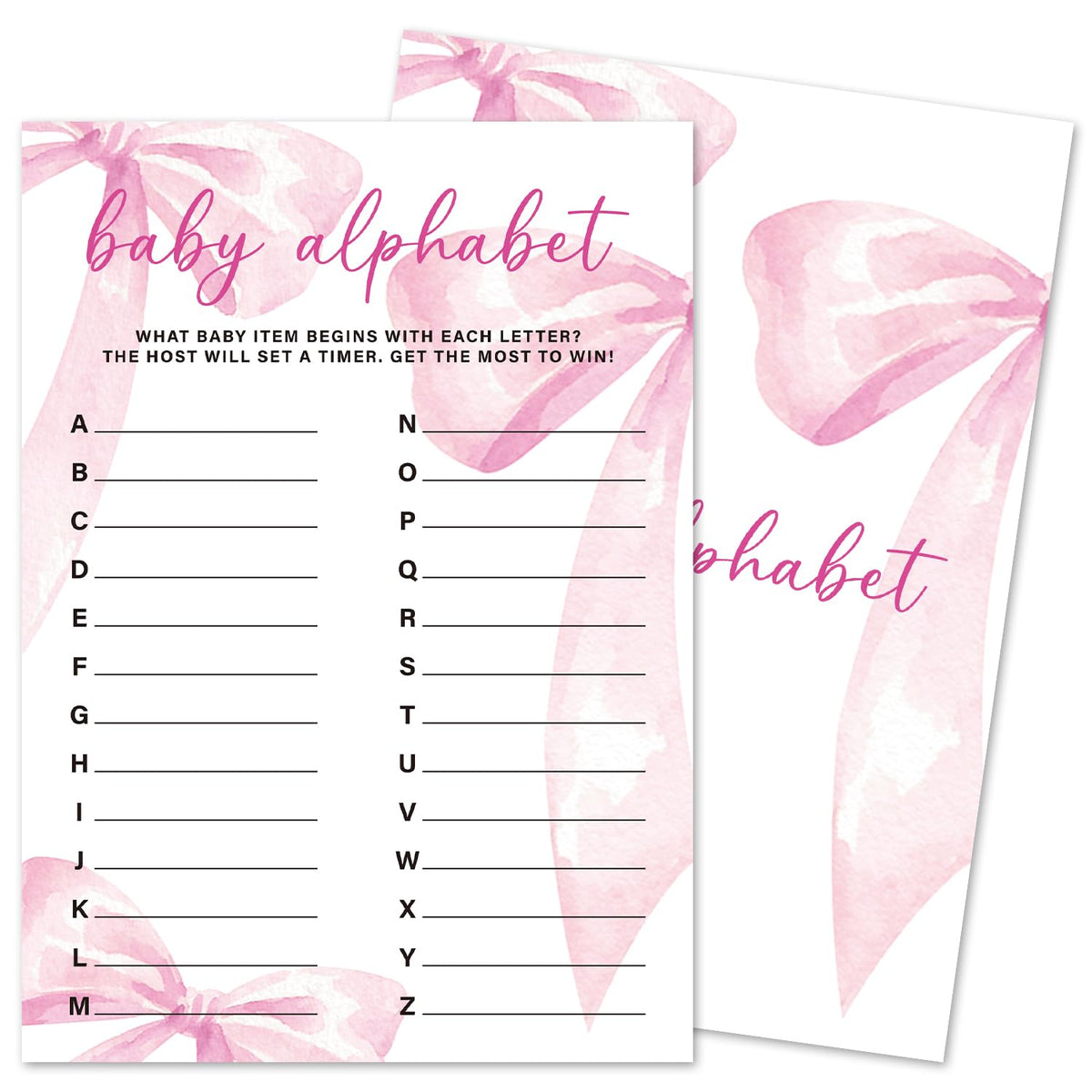 Baby Alphabet Game Cards For Baby Shower Games Activity, 30 Pink Bow Baby Shower Game Cards, Gender Reveal Party Games Supplies & Activities -P05