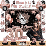 Rose Gold Black Death to My 20s Decor Backdrop Banner Swirls Sash Cake Topper Balloons