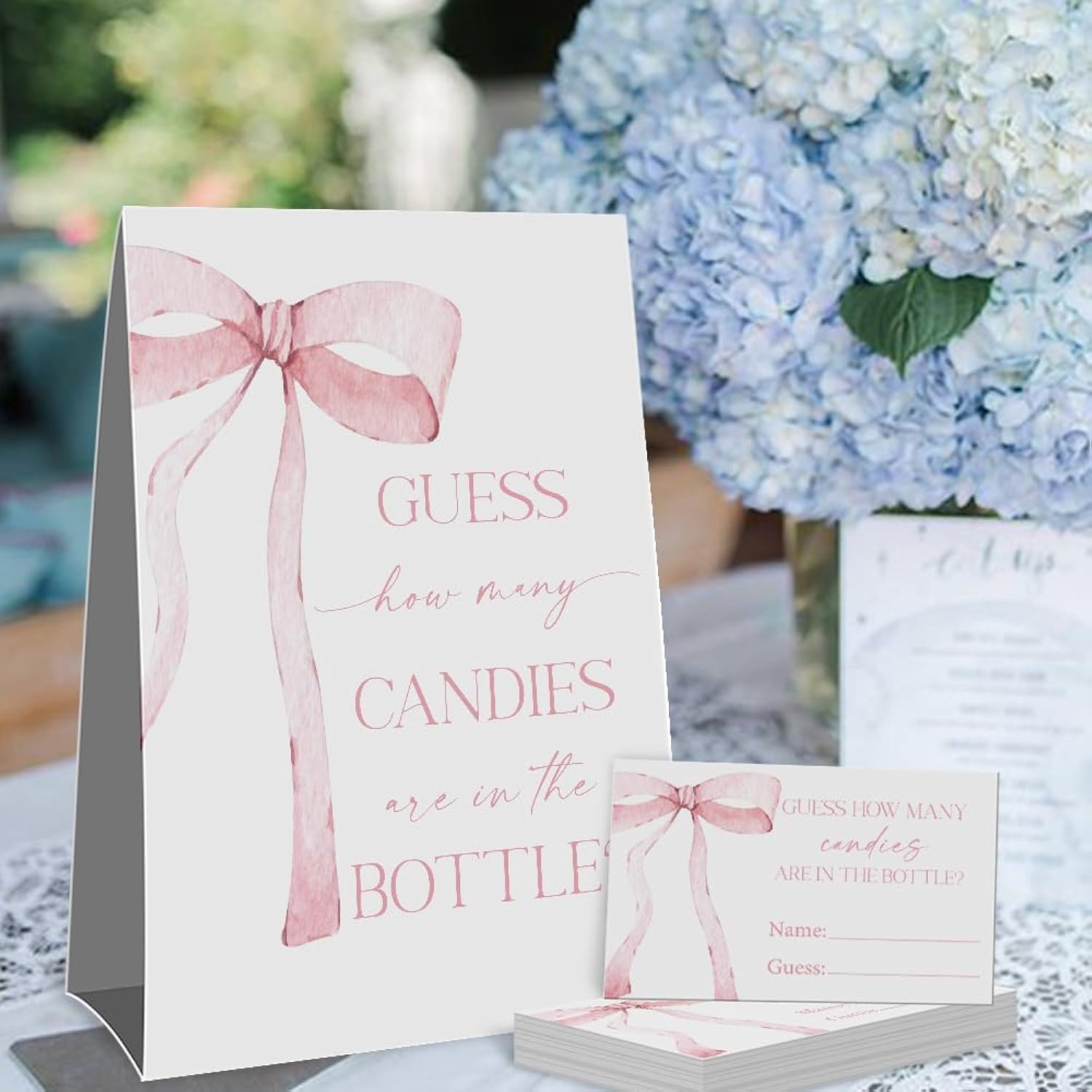 Guess How Many Candies Sign(1 Standing Sign-50 Guessing Cards) Pink Bow Theme Party Activities Game Cards Kit For Baby Showers, Newborn Parties, Bridal Shower, Engagement, Wedding Shower, Birthdays-37