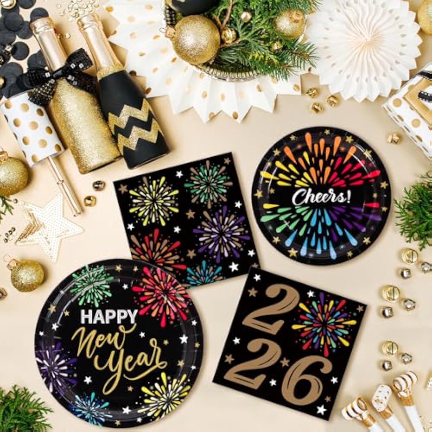 2026 New Year Disposable Tableware Set 150pcs Plates and Napkins for 50