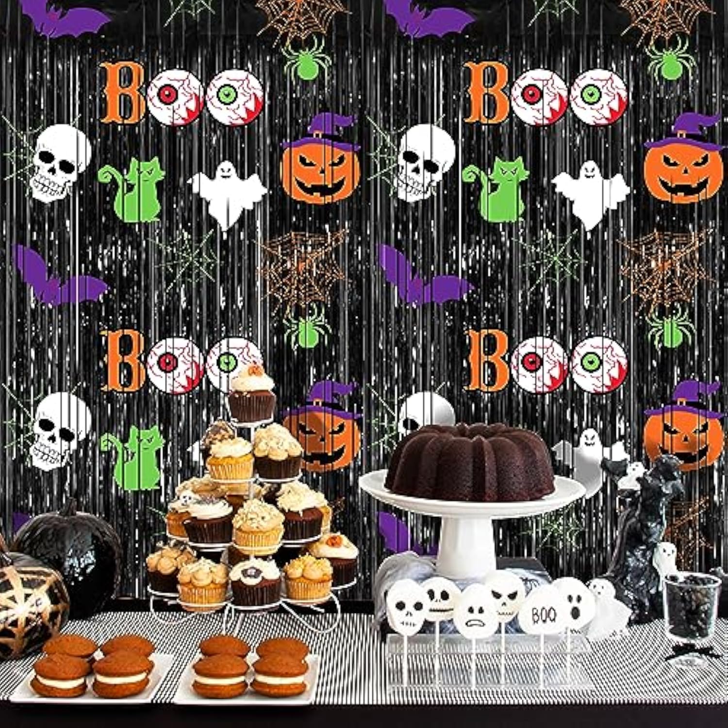 2 Pack Scary Black Halloween Foil Fringe Curtains 3.3x6.6ft Party Photo Backdrop