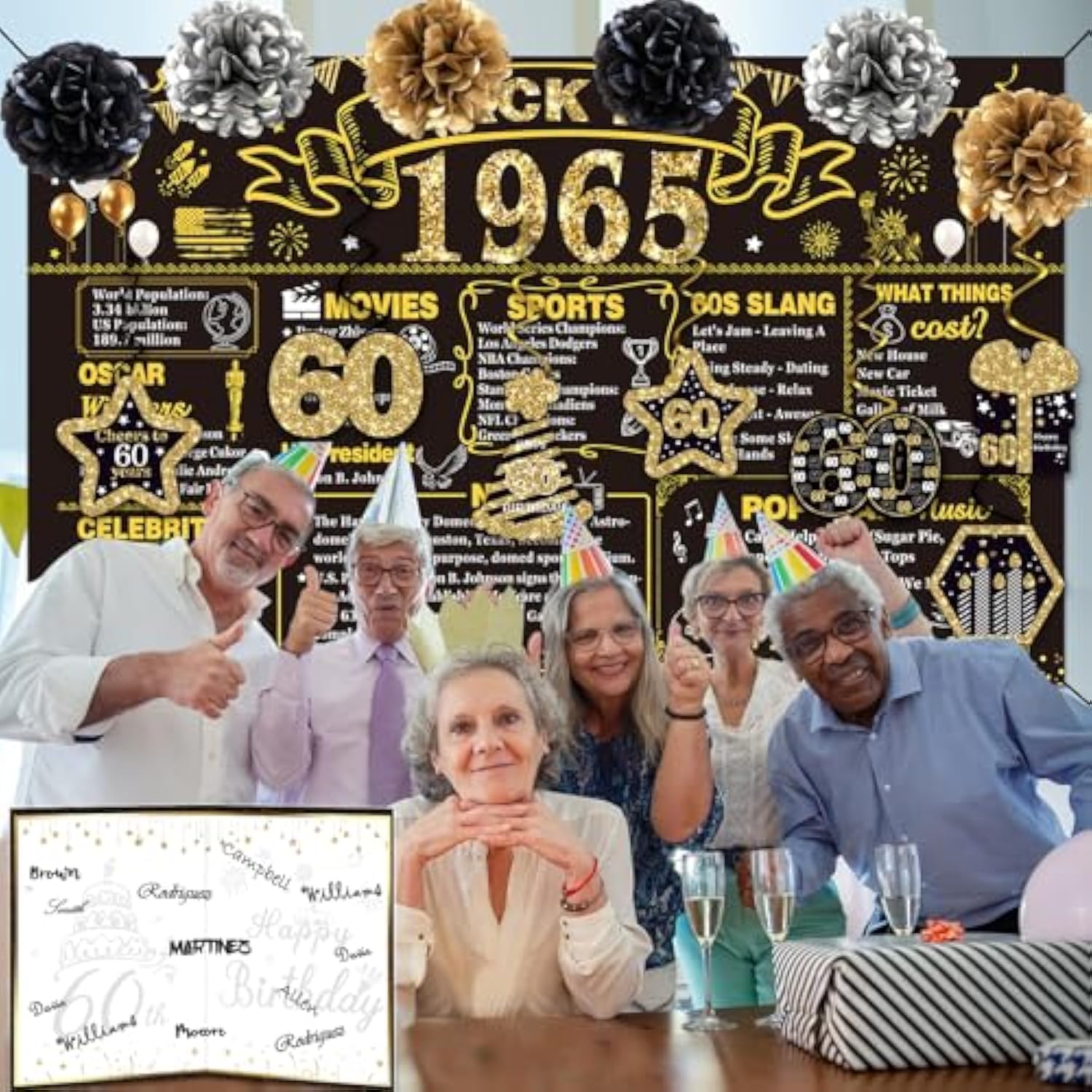 60Th Birthday Decorations For Men Women,16Pcs Back In 1965 Party Banner Decorations,Including Vintage 1965 Backdrop,Cheers To 60 Years Banner,7 Hanging Swirl,1965 Poster Anniversary Card,6 Paper Poms
