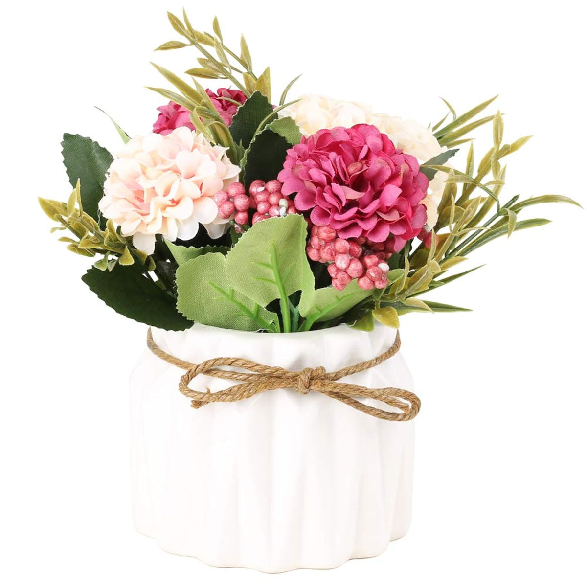 Artificial Hydrangea Bouquet With Small Ceramic Vase Fake Silk Variety Flower Balls Flowers Decoration For Table Home Party Office Wedding (White)