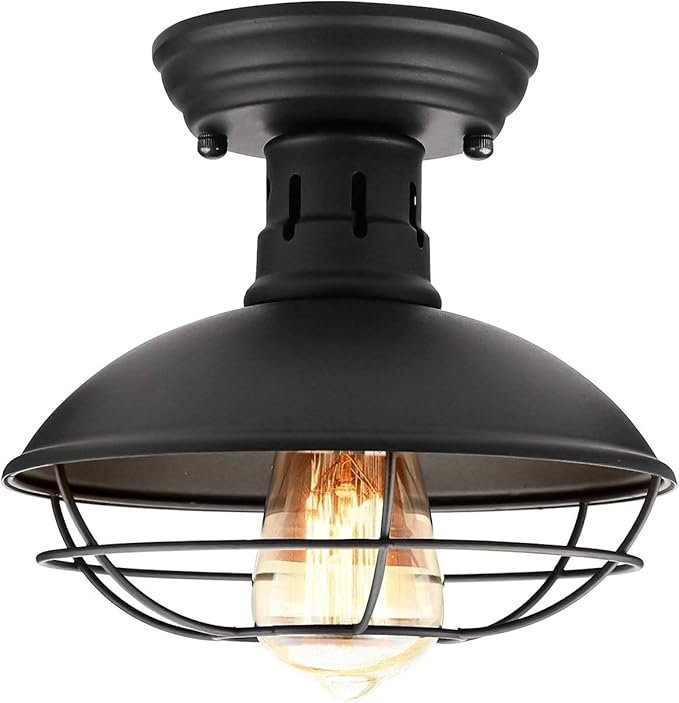 Farmhouse Flush Mount Ceiling Light Rustic Black Metal Cage Industrial Ceiling Fixture