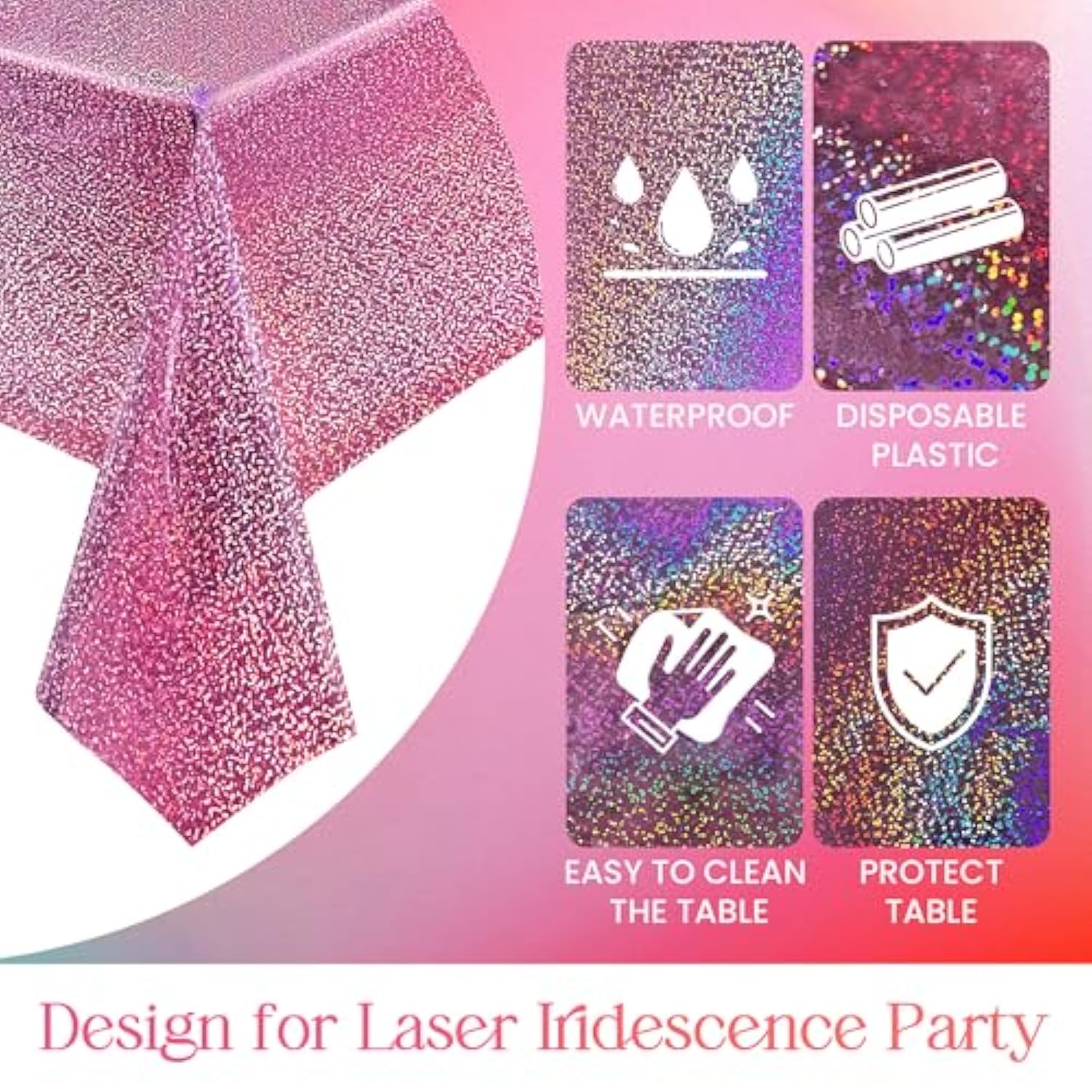2 Pcs Pink Holographic Plastic Tablecloths Laser Table Covers 40" X 108" Foil Disposable Table Cloths For Party Birthday Wedding Christmas Holiday Party Decorations