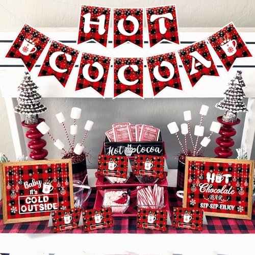 Hot Cocoa Bar Decoration Kit Snowflake Hot Cocoa Bar Banner Christmas Hot Chocolate Bar table signs Toppings Labels Cup Stickers for Winter Birthday Christmas, New Year Decoration