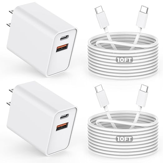 2 Pack 20W Dual Port USB C A Fast Charger with 10FT USB C to C Cable for iPhone