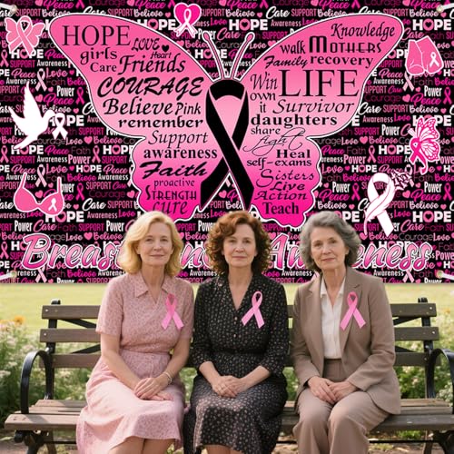 Breast Cancer Awareness Backdrop Banner Caring for Women's Health Pink Butterfiy Ribbon Hope Faith Strength Courage Sign for The People Care About Women 70.8 x 43.3 inch