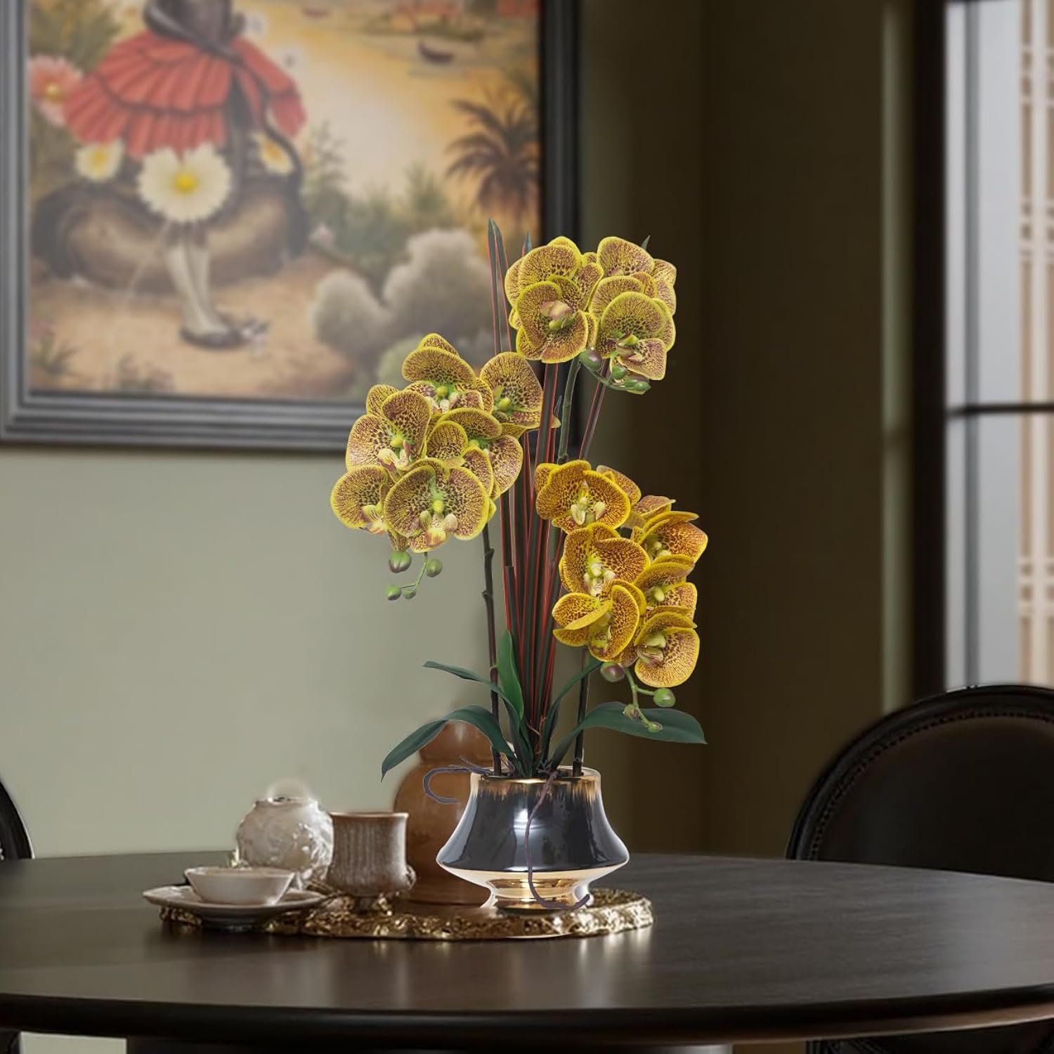 Orchids Artificial Flowers Real Touch Fake Flower In Ceramic Pot 20" Yellow Spots Faux Orchid Plant Lifelike Silk Phalaenopsis For Centerpiece Hotel Home Indoor Decor