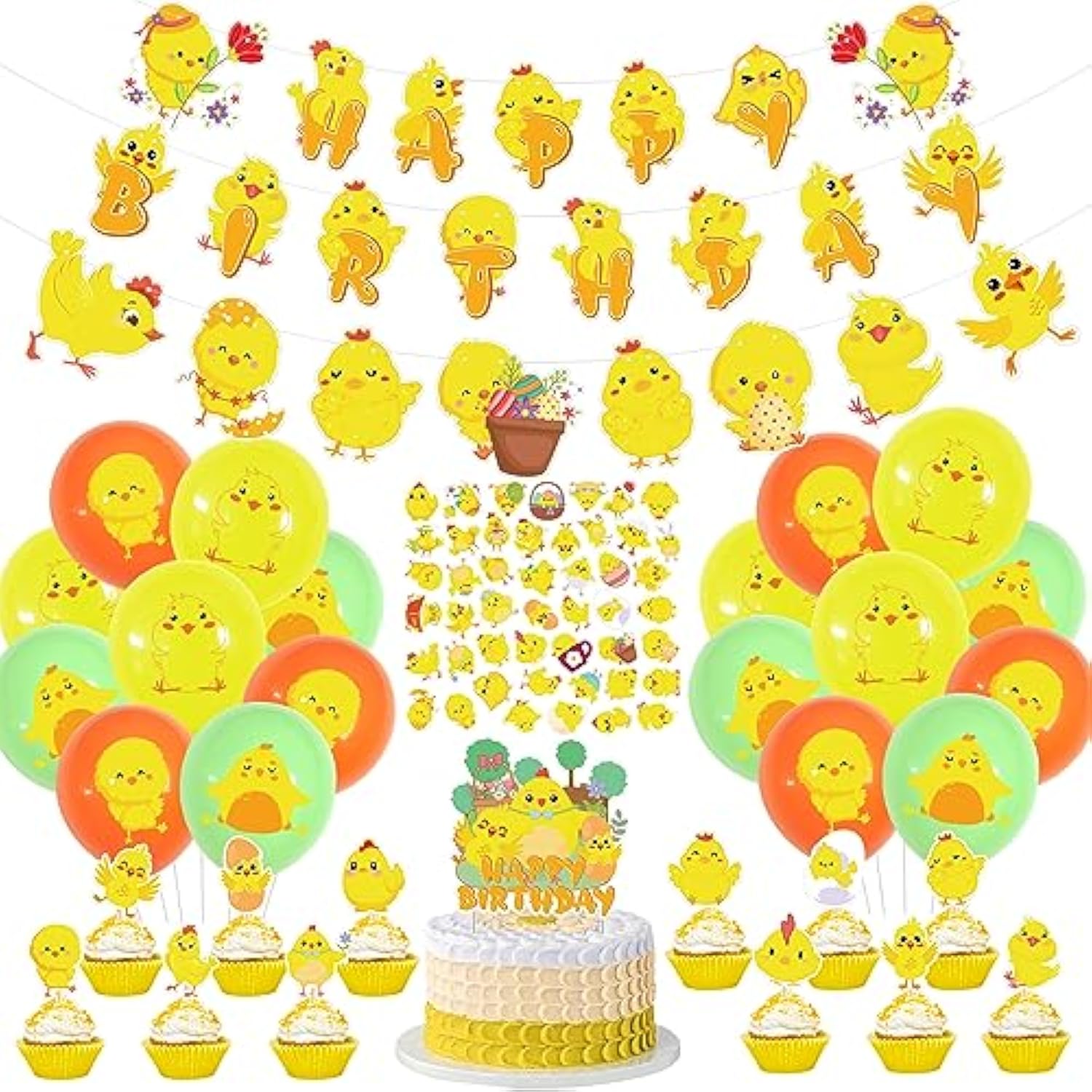 Chicken Farm Party Decorations - Happy Birthday Banner, Cute Chicken Banner, Cake Toppers, Latex Balloons, Sticker For Baby Shower, Boy Kid Birthday Supplies