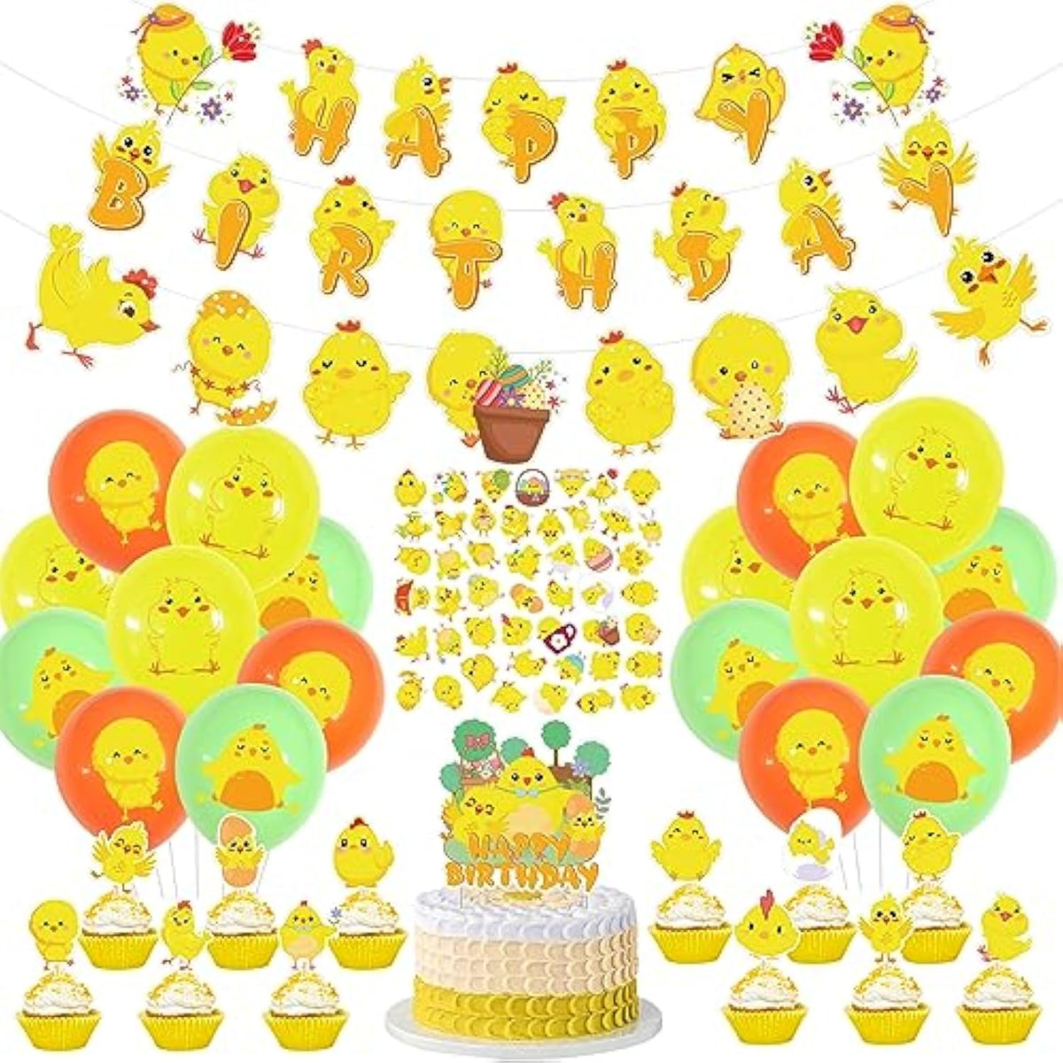 Chicken Farm Party Decorations - Happy Birthday Banner, Cute Chicken Banner, Cake Toppers, Latex Balloons, Sticker For Baby Shower, Boy Kid Birthday Supplies