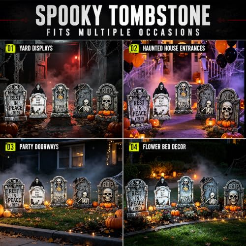 25” Halloween Tombstones Outdoor Decorations, 5 Pack Halloween Graveyard Headstone Decorations with 10 Bonus Metal Stakes for Outdoor Yard Lawn & Halloween Party Decor