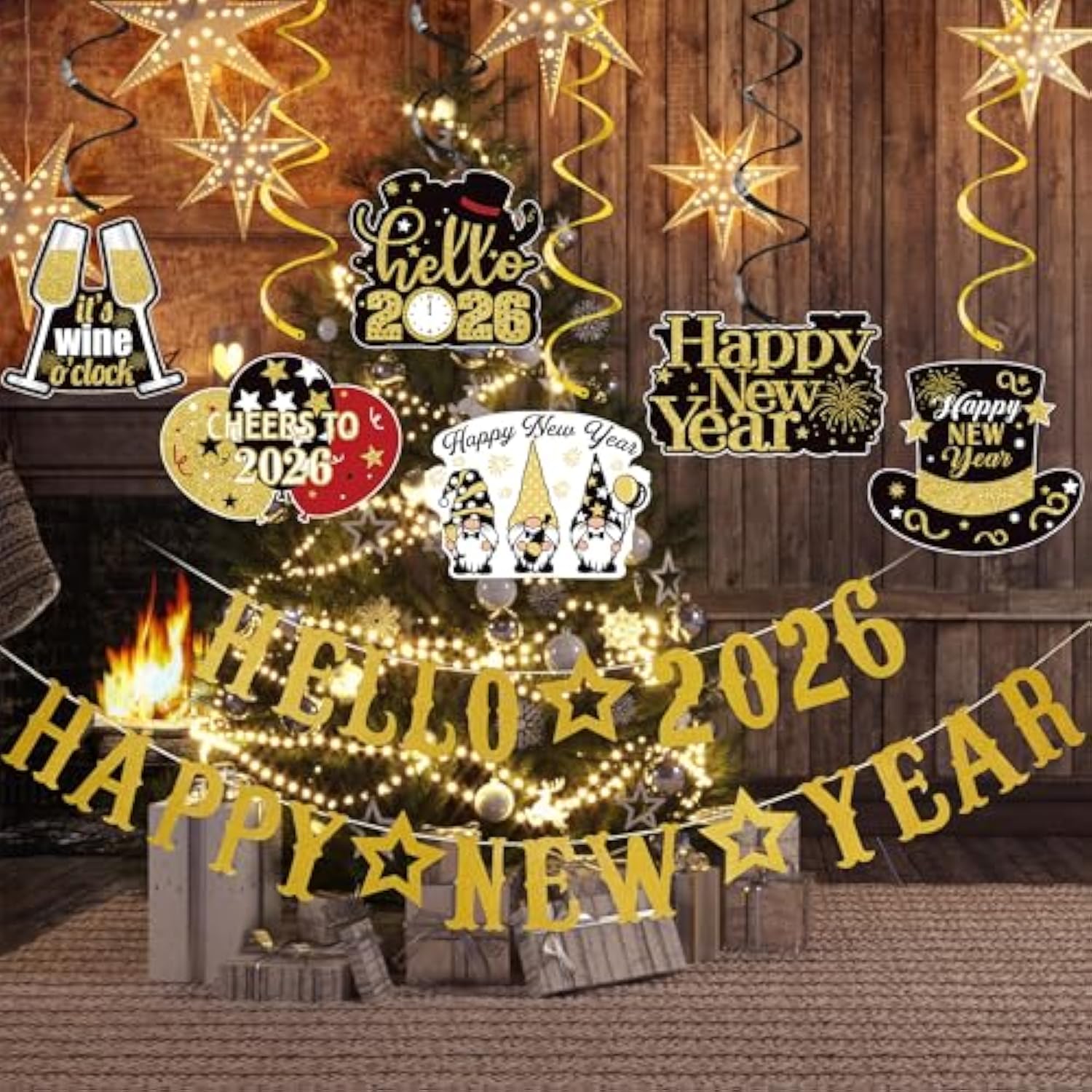 Gold Glitter Hello 2026 Happy New Year Banner for Party Decor