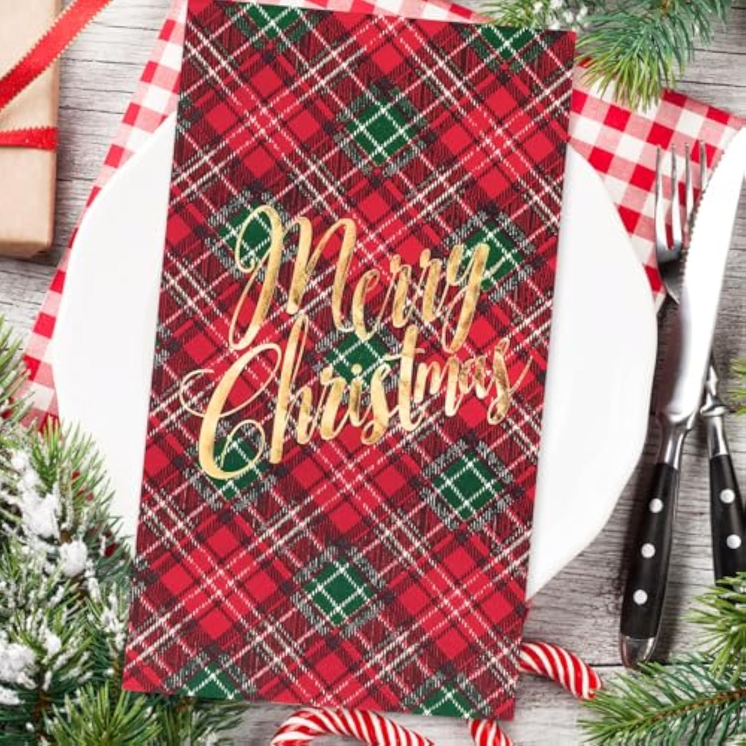 100Pcs Christmas Guest Napkin Red Green Plaid Disposable Paper Napkin Foil Gold Merry Christmas Dinner Hand Towel Napkin For Xmas Holiday Party Supplies