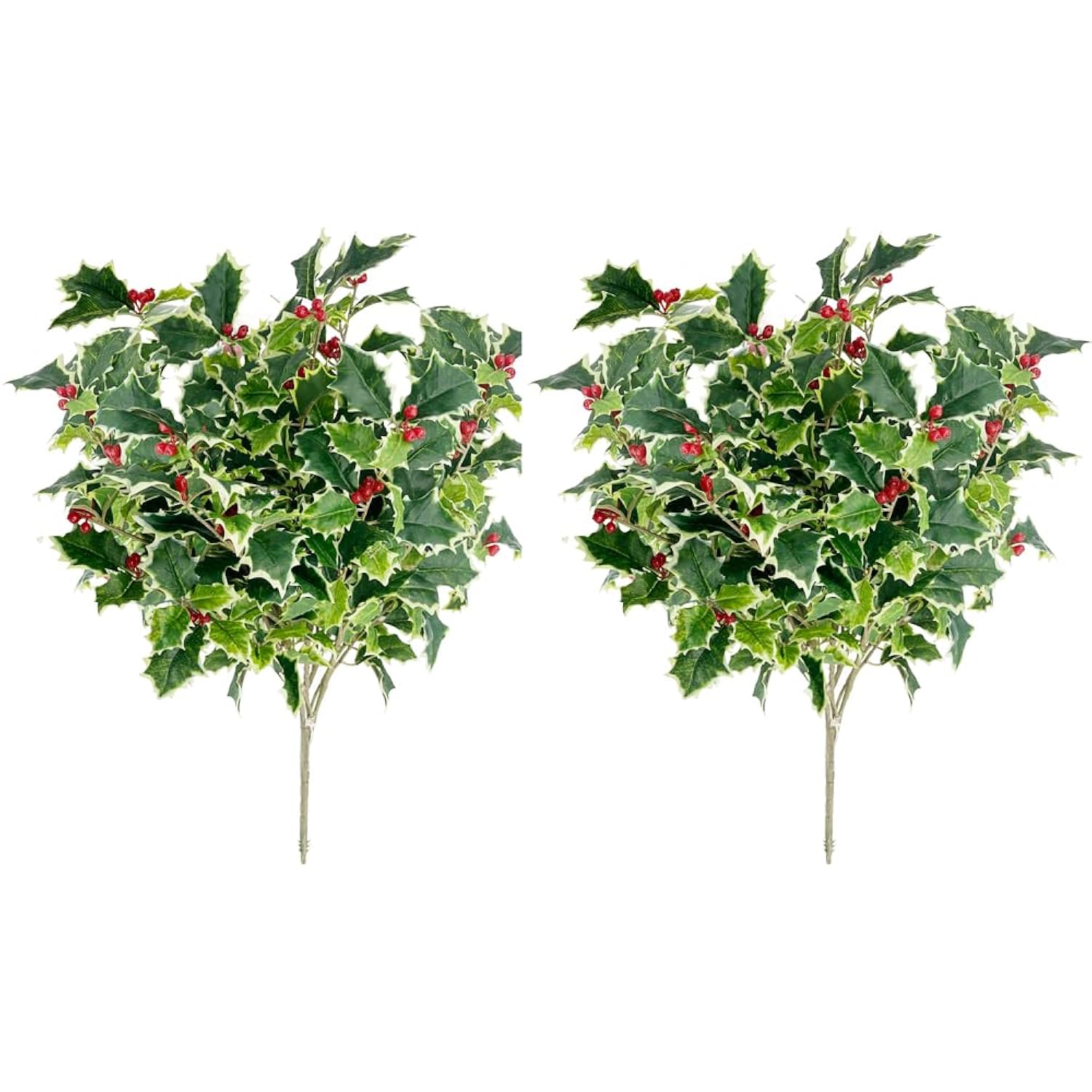 Artificial Holly Leaves With Berries Bush Bouquet - For Holiday Winter Christmas Home Decor, Faux Floral Arrangement For Crafts, Events, Funerals, Cemeteries - Set Of 2, Green