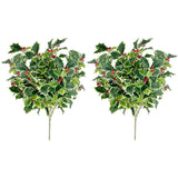 Artificial Holly Leaves With Berries Bush Bouquet - For Holiday Winter Christmas Home Decor, Faux Floral Arrangement For Crafts, Events, Funerals, Cemeteries - Set Of 2, Green