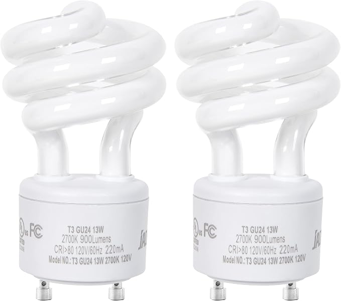 GU24 CFL Light Bulbs T3 13W 2700K Warm White 900 Lumens Spiral Compact Fluorescent 2 Pack