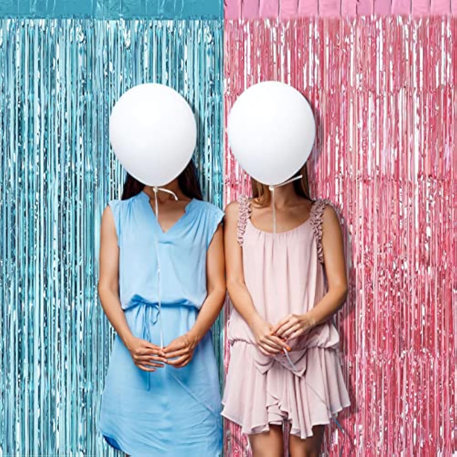 4 Pack 3.2Ft X 6.6Ft Pink Blue Fringe Curtain Backdrop, Metallic Tinsel Foil Fringe Streamers Curtains Background For Photo Booth Wedding Gender Reveal Backdrop Boy Or Girl Birthday Party Decoration