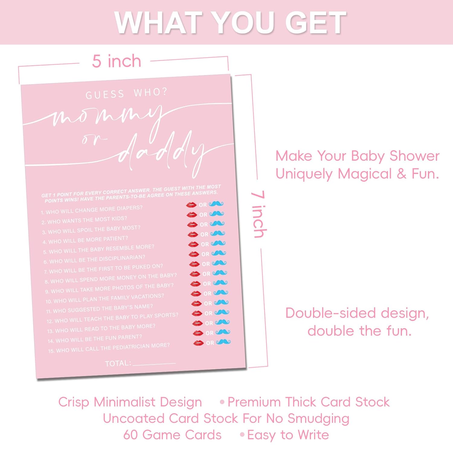Baby Shower Games For Girl – Set Of 4 Funny Baby Shower Games For 30 Guests, Guess Who Mommy Or Daddy, Price Is Right, Name Face, Guess The Baby Food Fun Baby Shower Game Double-Sided Cards