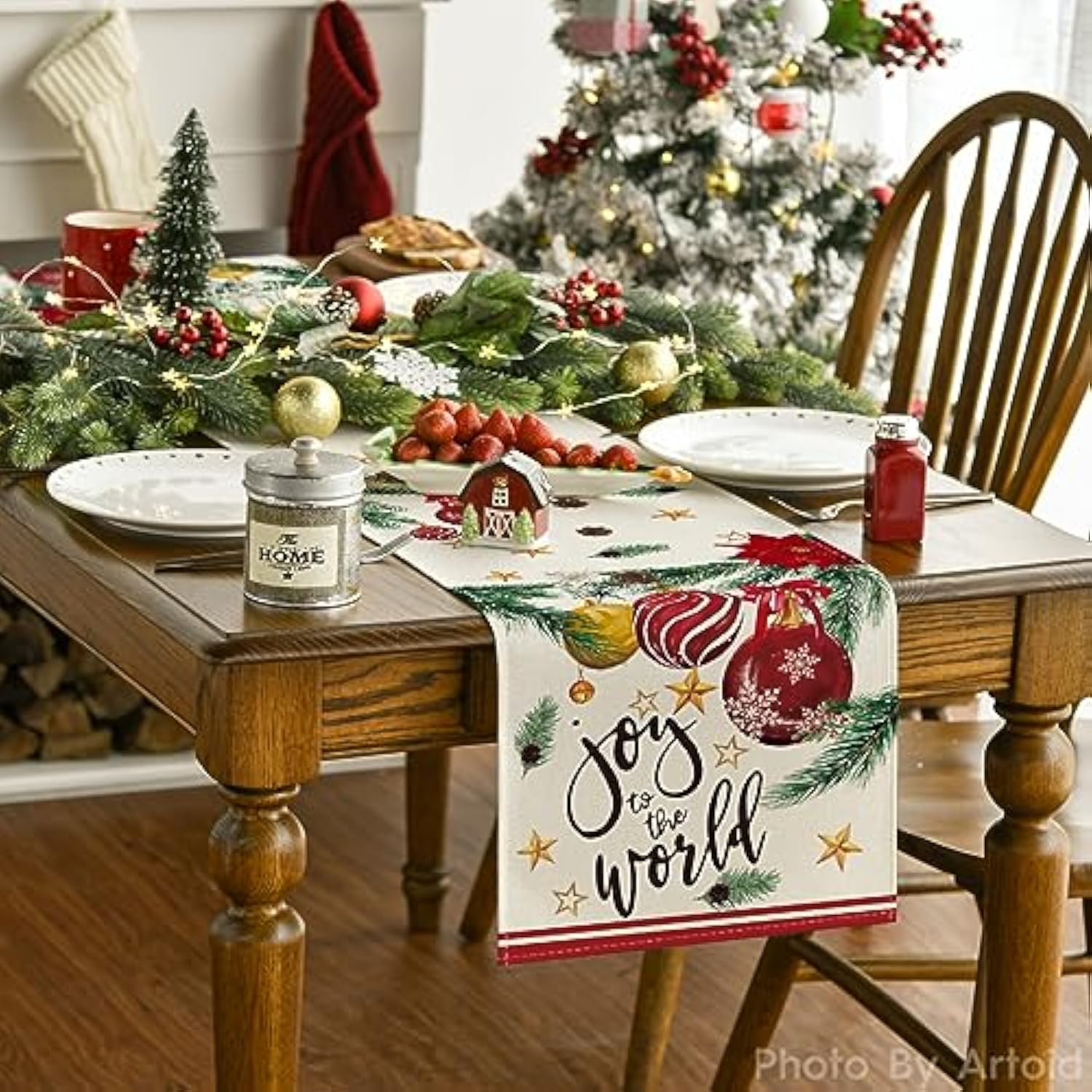 Joy To The World Xmas Balls Christmas Table Runner, Pine Cone Winter Holiday Kitchen Dining Table Decoration For Home Party Decor 13 X 72 Inch