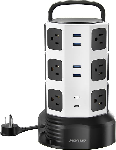 Tower Surge Protector Power Strip 12 Outlets 6 USB Ports 2 USB C 6.5FT Retractable Extension Cord 1050J