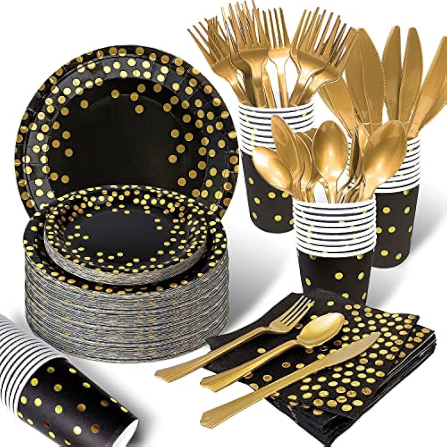 175Pcs Black And Gold Party Supplies, Severs 25 Disposable Party Dinnerware Gold Plastic Forks Knives Spoons And Golden Dot Black Paper Plates Black Napkins Cups For New Years Graduation Birthday