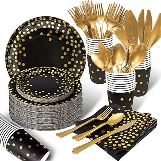 175Pcs Black And Gold Party Supplies, Severs 25 Disposable Party Dinnerware Gold Plastic Forks Knives Spoons And Golden Dot Black Paper Plates Black Napkins Cups For New Years Graduation Birthday