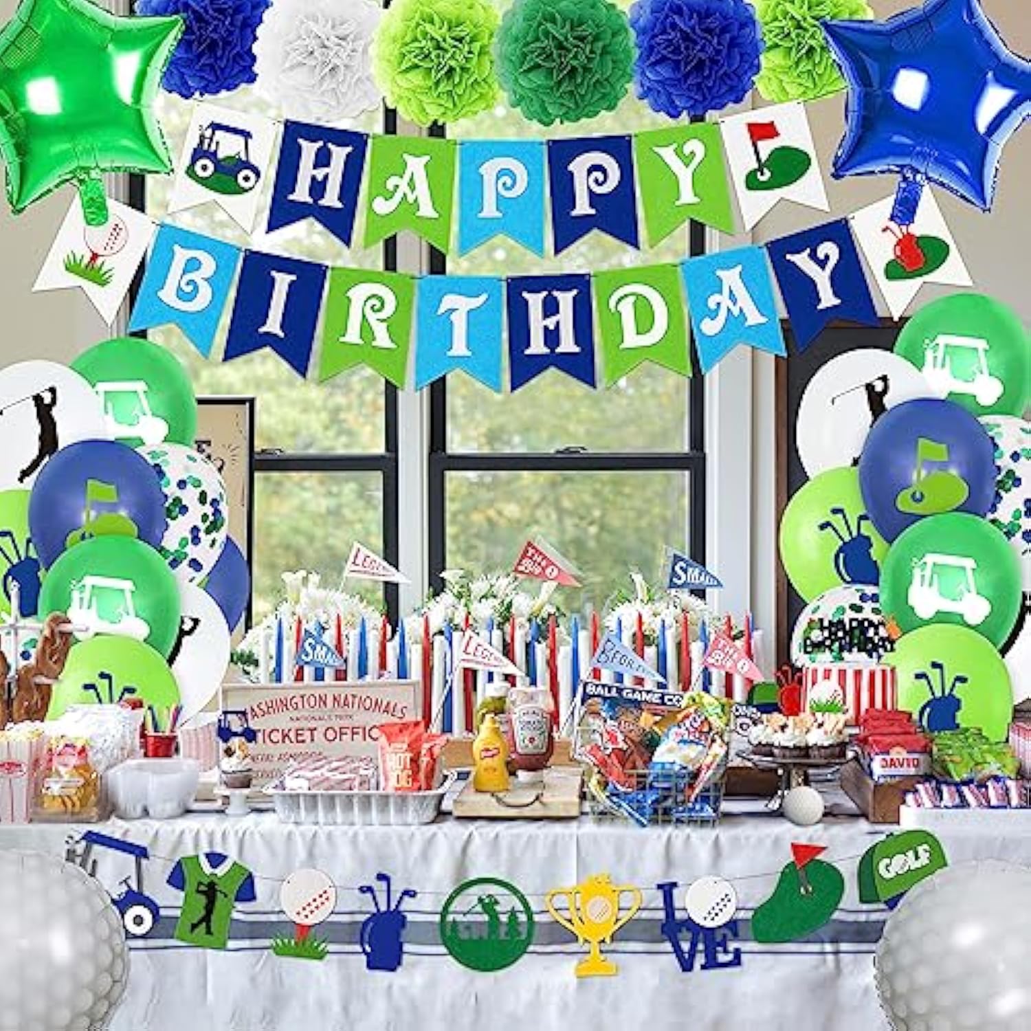 50Pcs Golf Birthday Party Decorations Golf Themed Party Supplies Includes Print Balloon Foil Balloon Cake Topper Banner Paper Pompoms