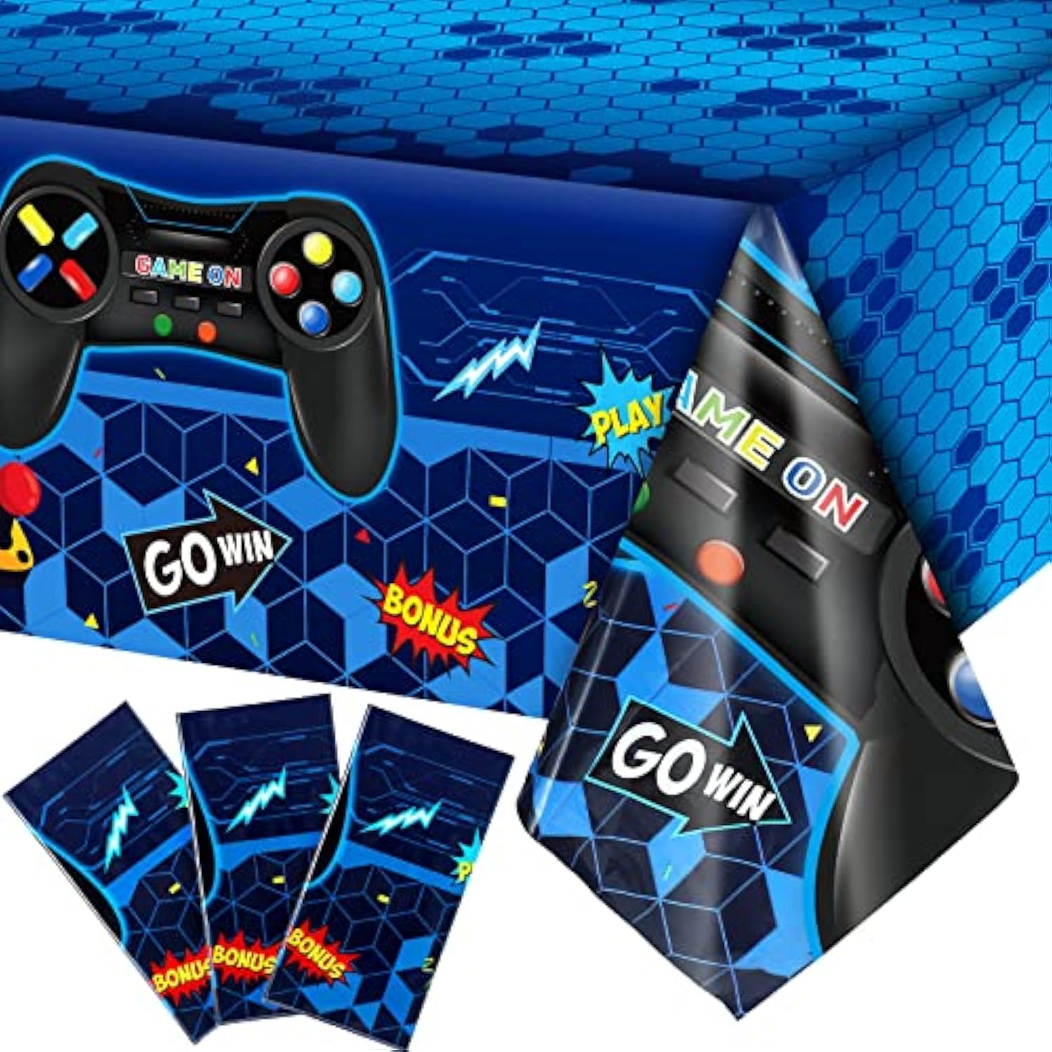 3 Pcs Video Game Table Cover, Game Theme Birthday Decoration Plastic Table Cloth Party Supplies For Boys Girls Kids Player Geek Party Decorations, 54 X 108 Inch (Blue)